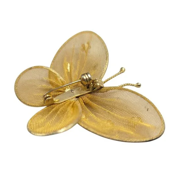 Vintage Gold Mesh Butterfly Brooch Pin With Floral Detail - Picture 7 of 7